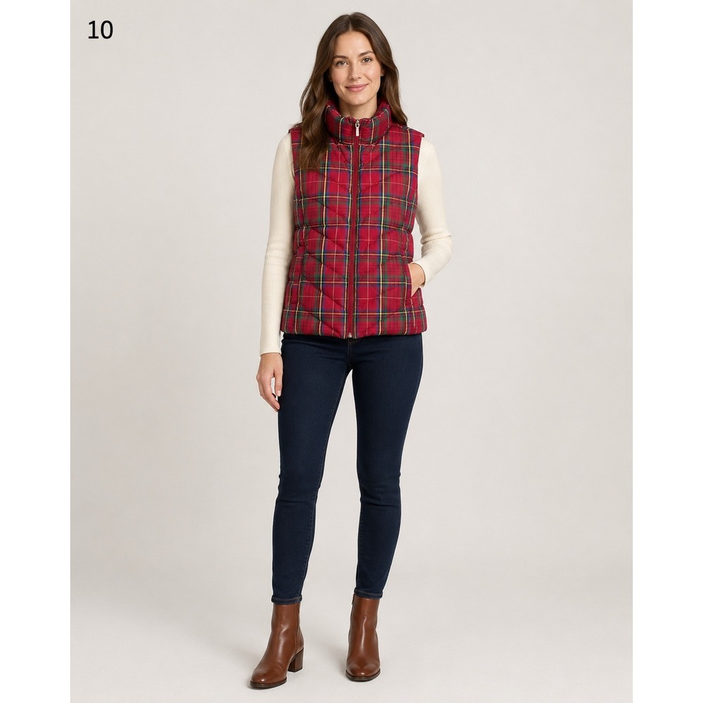 Lands' End Quilted Vest Womens Small 6-8 Red Plaid Holiday Lightweight Pockets
